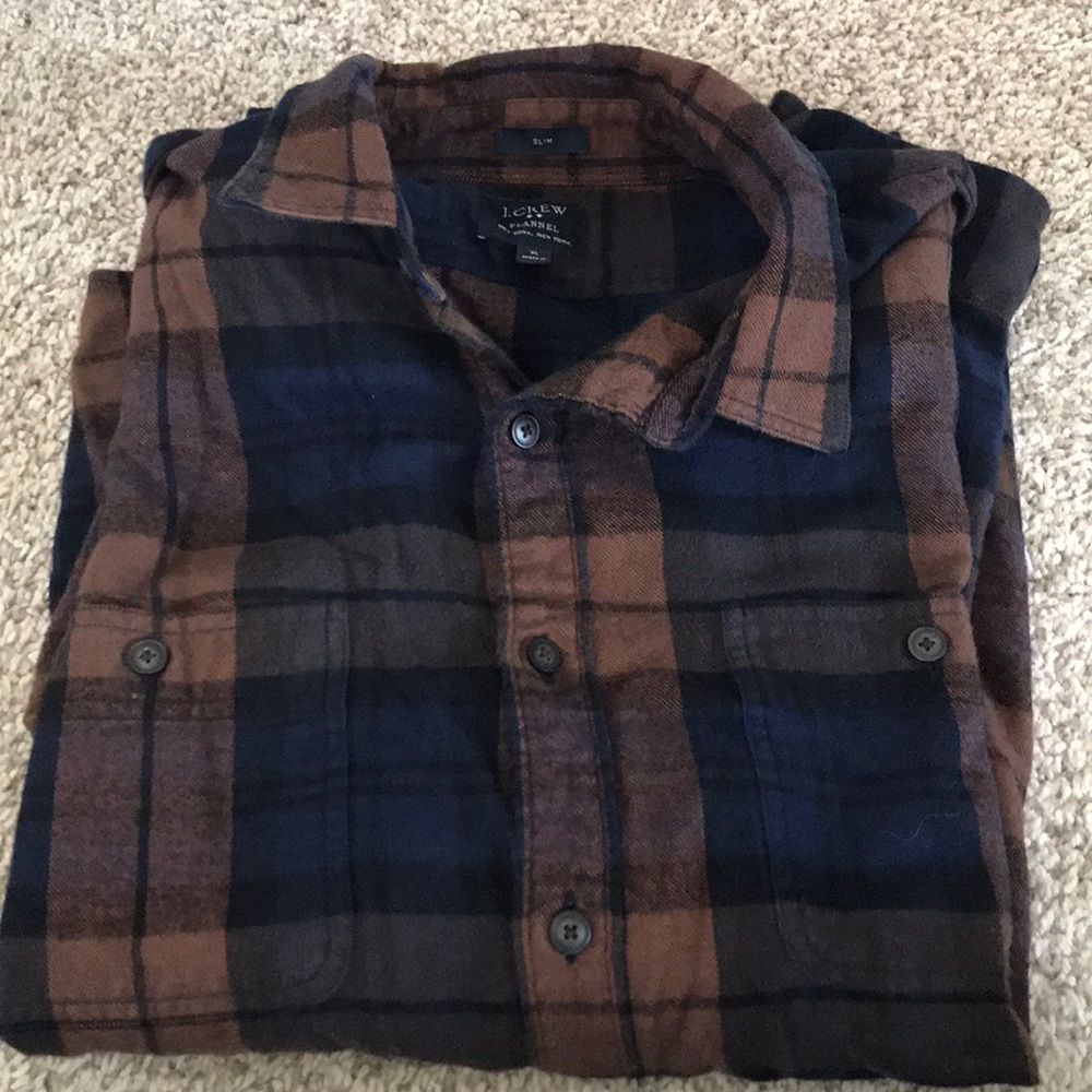 XL J. Crew Brown/Navy Plaid Button Up Slim